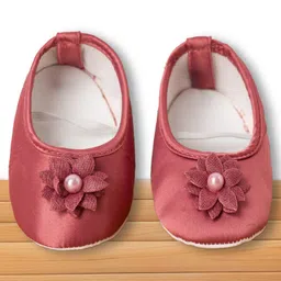Bluebell Satin Woven Sleeveless Frock & Booties With Floral Applique - Dark Peach image 4