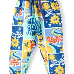 Babyhug Terry Knit Full Sleeves T-Shirt & Joggers Set with Text Print - Blue Yellow & Red image 5