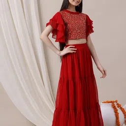 Inddus Girls Embroidered Sequinned Ready to Wear Lehenga & image 4