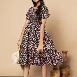 ZWERLON Floral Print Puff Sleeve A-Line Midi Dress image 3