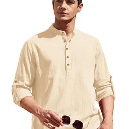 Navkanj Band Collar Roll-Up Sleeves Cotton Straight Short Kurta-picture-23