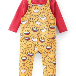 Babyhug 100% Cotton Single Jersey Knit Dungaree and Full Sleeves T-Shirt Set Emoji Print - Red & Yellow-picture-20