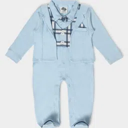 Mi Arcus 95% Cotton 5% Polyester Full Sleeves Bow Applique & Plaid Checked Detailed  Winter Wear Romper -  Sky Blue-image-13