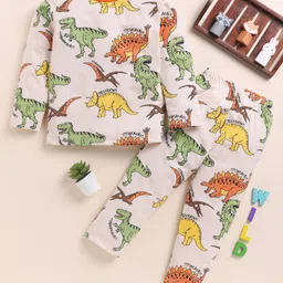 Little Marine Cotton Knit Full Sleeves Dinosaur Printed Night Suit - Off White-picture-15