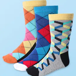 Cute Walk by Babyhug Cotton Lycra Knit Anti-bacterial Socks Geometric Design Pack of 3 - Blue Yellow & Gray-picture-24