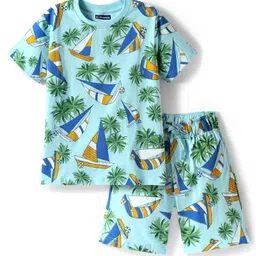 Pine Kids Single Jersey Knit Half Sleeves Shorts Night Suit With Boat & Tree Print - Sea Green-picture-26