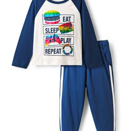 Honeyhap Premium Cotton Knit Full Raglan Sleeves Night Suit with Bio Finish & Typography Print - White & Navy Blue-picture-42