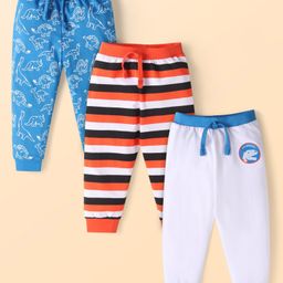 Babyhug Single Jersey Full Length Lounge Pants with Strips & Dino Print Pack of 3 - Blue Grey & Orange-picture-5