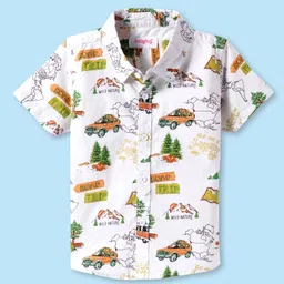 Babyhug Cotton Woven Half SleevesShirt with Vehicle Print - Green & White-picture-17