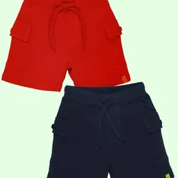 Kiddopanti Cotton Pack of 2 Solid Cargo Shorts - Red & Navy Blue-picture-31