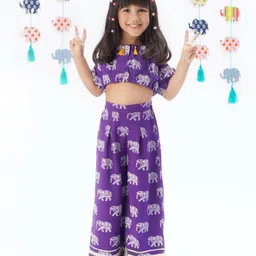 Lil' Drama Half Cold Shoulder Sleeves Elephant Motifs Printed Coordinating Crop Top & Palazzo Set - Purple-picture-17