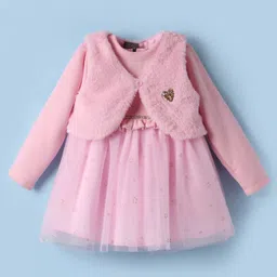 Little Kangaroos Cotton Woven Full Sleeves Frock & Jacket with Star Foil Print Sequin & Frill Detailing - Pink-picture-17