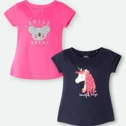 Ariel Cotton Knit Pack Of 2 Half Sleeves Unicorn Printed & Koala Embroidered Tops - Pink & Navy Blue-picture-25