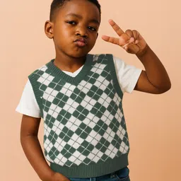 Mi Arcus Knit Sleeveless Squares Designed Sweater - Green image 1