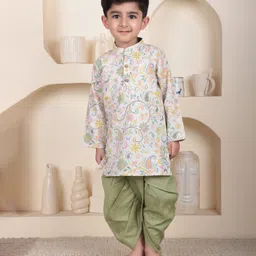 Polka Tots Cotton Woven Full Sleeves Floral Printed Kurta With Dhoti Set - Olive Green-picture-16