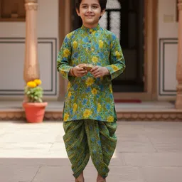 Saka Designs By Sapna Cotton Woven Full Sleeves Floral Printed Kurta Dhoti Set - Green & Multi Colour-picture-13