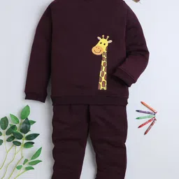BAATCHEET Fleece Knit Full Sleeves Giraffe Printed Light Winter Sweatshirt & Joggers Set - Maroon-image-6