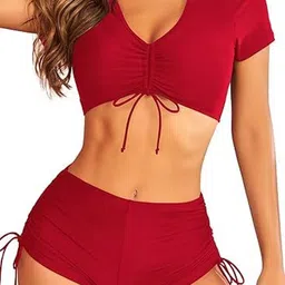 Women Fuzzy V-Neck High-Waist Swim Bikini Set image 5
