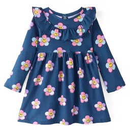 Babyhug Single Jersey Knit Full Sleeves Frock With Bloomer Floral Print & Frill Detailing- Navy image 2