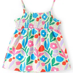 Babyhug Cotton Knit Sleeveless Floral Printed Top with Smocking Detailing - White image 4