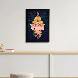 eCraftIndia Navy Blue & Gold-Toned Lord Ganesha Satin Matt Textured UV Wall Art image 1