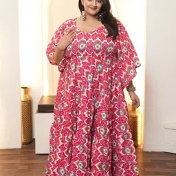 Swadeshi Shringaar Ethnic Motifs Rani Printed Cotton Fit and Flare Maxi Dress-image-19