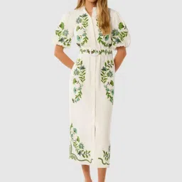 Forever New Floral Embroidered Puff Sleeve Linen Shirt Midi Dress-image-49