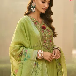 Indo Era Ethnic Motifs Embroidered Thread Work Linen Kurta With Trousers & Dupatta image 2