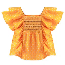 Babyhug 100% Rayon Woven Half Sleeves Floral Printed Top with Frill & Smocking Detailing - Mustard-picture-37
