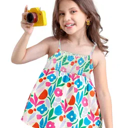 Babyhug Cotton Knit Sleeveless Floral Printed Top with Smocking Detailing - White-picture-11