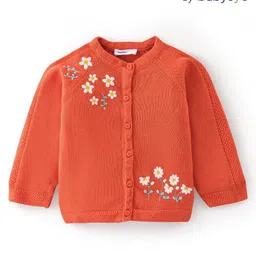 Babyoye Cotton Knit Full Sleeves Front Open  Sweater with Floral Embroidery - Orange-image-25