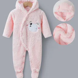 Kookie Kids Full Sleeves Winter Wear Hooded Romper With Bear Embroidery - Pink-image-87