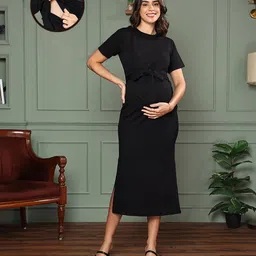 MomToBe Half Sleeves Solid Printed Maternity Dress With Nursing Access - Black-picture-12