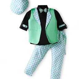 Radutu Full Sleeves Solid Shirt With Checked Waistcoat With Pant Cap & Bow Set - Pista & Black-picture-24