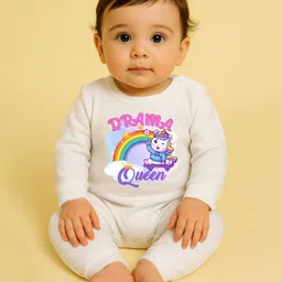 The Peppy Tend 100% Cotton Knit Full Sleeves Drama Queen Text & Baby Unicorn Printed Romper - White-picture-39