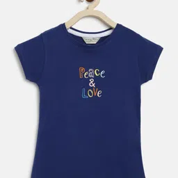 Tales & Stories Cotton Knit Half Sleeves Peace & Love Text Embroidered Tee - Navy Blue-picture-14