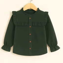 Aww Hunnie Corduroy Woven Full Peasant Sleeves Frill Detailed Ribbed Top - Green-picture-24