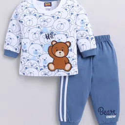 Nottie Planet Cotton Knit Full Sleeves Teddy Bear Printed Tee & Pant - Blue-picture-17