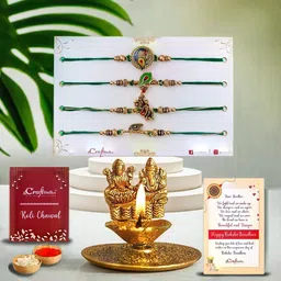 eCraftIndia Set Of 5 Rakhi With Lakshmi Ganesha Decorative Diya& Roli Chawal Gift Set-picture-47
