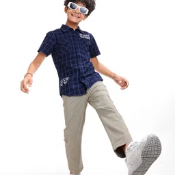 Pine Kids Denim Washed Woven Half Sleeves Check Shirt with Text Print - Navy Blue image 2