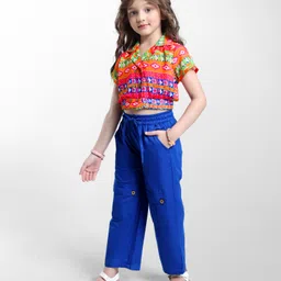 Ollington St. Woven Georgett Printed Half Sleeves Top & Twill Culotte Pant Set - Orange & Blue image 2