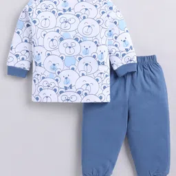Nottie Planet Cotton Knit Full Sleeves Teddy Bear Printed Tee & Pant - Blue image 3