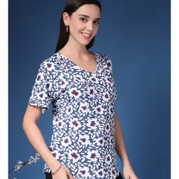 Zelena 95% Cotton 5% Elastane Knit Half Sleeves Floral Printed Maternity Top With Side Seem Nursing Access - Navy Blue image 4