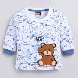 Nottie Planet Cotton Knit Full Sleeves Teddy Bear Printed Tee & Pant - Blue image 4