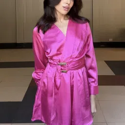 House of Sal Women Solid Pink Fit & Flare Wrap Mini Satin Playsuit image 2