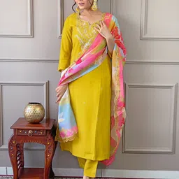 ODETTE Floral Yoke Design Straight Sequinned Kurta with Salwar & Dupatta-picture-23