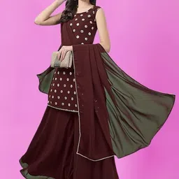 PARROT CREATION Geometric Embroidered Sequinned Georgette Kurti with Sharara And Dupatta-picture-41