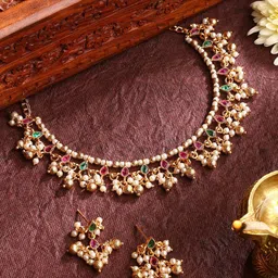 Priyaasi Gold-Plated Floral Simple Pearls & Ruby Stone-Studded Beaded Jewellery Set-image-23