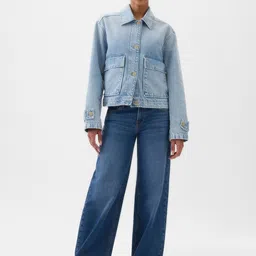 GAP Washed Effect Drop-Shoulder Sleeves Pure Cotton Denim Jacket with Utility Pockets image 3
