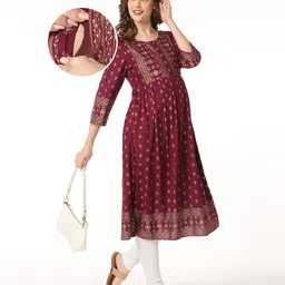 Bella Mama Three Fourth Sleeves Woven Printed Yoke Maternity Kurta with Pocket - Wine-picture-31
